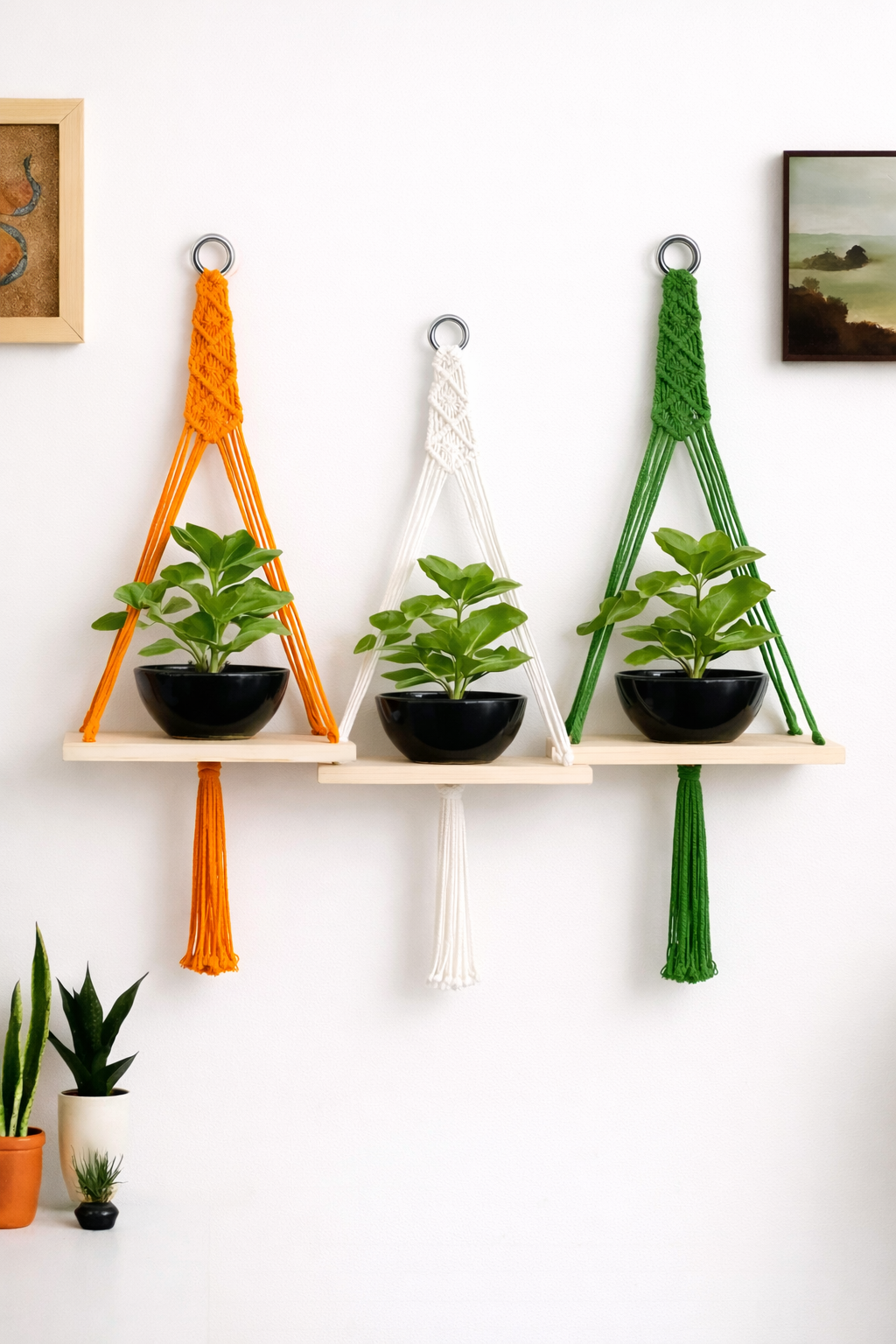 Handmade Macrame Hanging Plant Shelf – Wall Mounted Decorative Planter Holder (Orange, White & Green)