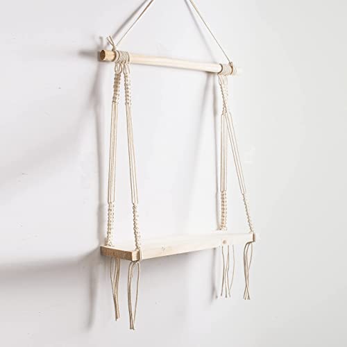 Macramé Wall Hanging Shelf Pine Wood Floating Shelve with Wooden Dowel Modern Chic Woven Décor for Dorm Living Room Nursery Beige Colour 55 x 43cm
