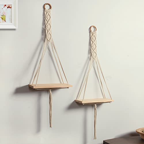 Macrame Handmade Wall Shelf for Plants Decor Cotton Cord Pine Wooden Plank Hanging Floating Shelf Boho Decor Set of 2 for Bedroom Living Room Balcony Beige 55 x 30  Amazon.in Home & Kitchen