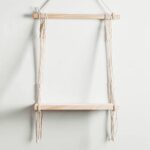 Macramé Wall Hanging Shelf Pine Wood Floating Shelve with Wooden Dowel Modern Chic Woven Décor for Dorm Living Room Nursery Beige Colour 55 x 43cm