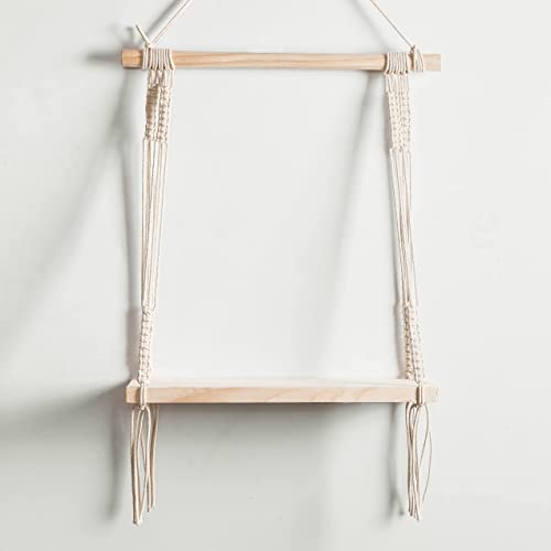 Macramé Wall Hanging Shelf Pine Wood Floating Shelve with Wooden Dowel Modern Chic Woven Décor for Dorm Living Room Nursery Beige Colour 55 x 43cm