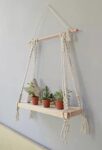 Macramé Wall Hanging Shelf Pine Wood Floating Shelve with Wooden Dowel Modern Chic Woven Décor for Dorm Living Room Nursery Beige Colour 55 x 43cm