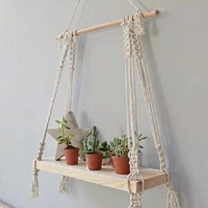 Macramé Wall Hanging Shelf Pine Wood Floating Shelve with Wooden Dowel Modern Chic Woven Décor for Dorm Living Room Nursery Beige Colour 55 x 43cm