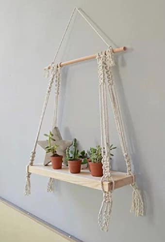 Macramé Wall Hanging Shelf Pine Wood Floating Shelve with Wooden Dowel Modern Chic Woven Décor for Dorm Living Room Nursery Beige Colour 55 x 43cm