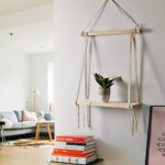 Macramé Wall Hanging Shelf Pine Wood Floating Shelve with Wooden Dowel Modern Chic Woven Décor for Dorm Living Room Nursery Beige Colour 55 x 43cm