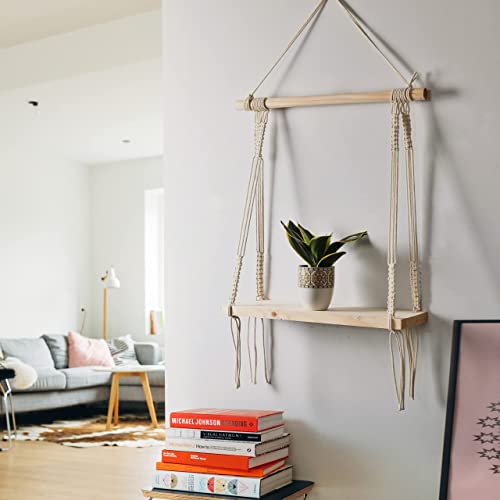 Macramé Wall Hanging Shelf Pine Wood Floating Shelve with Wooden Dowel Modern Chic Woven Décor for Dorm Living Room Nursery Beige Colour 55 x 43cm