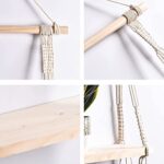 Macramé Wall Hanging Shelf Pine Wood Floating Shelve with Wooden Dowel Modern Chic Woven Décor for Dorm Living Room Nursery Beige Colour 55 x 43cm