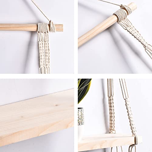 Macramé Wall Hanging Shelf Pine Wood Floating Shelve with Wooden Dowel Modern Chic Woven Décor for Dorm Living Room Nursery Beige Colour 55 x 43cm