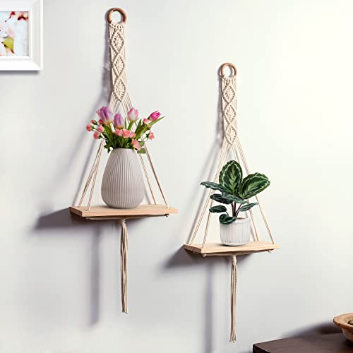 Macrame Handmade Wall Shelf for Plants Decor Cotton Cord Pine Wooden Plank Hanging Floating Shelf Boho Decor Set of 2 for Bedroom Living Room Balcony Beige 55 x 30  Amazon.in Home & Kitchen