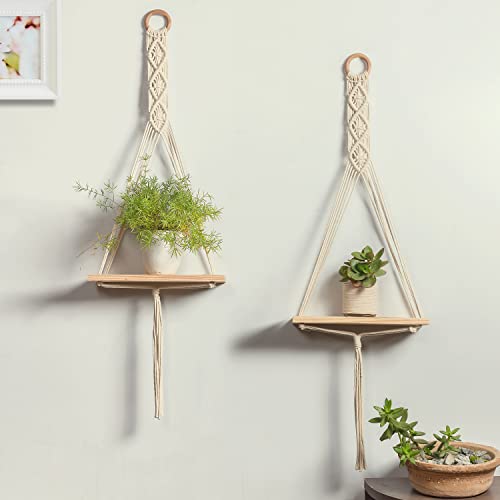 Macrame Handmade Wall Shelf for Plants Decor Cotton Cord Pine Wooden Plank Hanging Floating Shelf Boho Decor Set of 2 for Bedroom Living Room Balcony Beige 55 x 30  Amazon.in Home & Kitchen