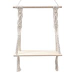 Macrame Wall Hanging Shelf Cotton Rope Natural Pine Wood Swing Triangle Floating Shelf Modern Boho Decor for Living Room Dorm Bathroom Office Balcony