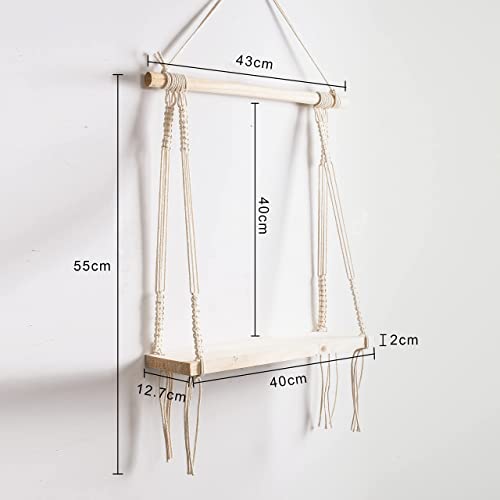 Macramé Wall Hanging Shelf Pine Wood Floating Shelve with Wooden Dowel Modern Chic Woven Décor for Dorm Living Room Nursery Beige Colour 55 x 43cm