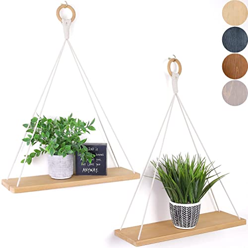 HandiCraft Home Decor Itams, Macrame Hanging Shelves, Wooden Wall Shelves with Handmade Woven Hanger, Pack of 2