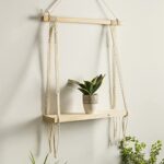 Macramé Wall Hanging Shelf Pine Wood Floating Shelve with Wooden Dowel Modern Chic Woven Décor for Dorm Living Room Nursery Beige Colour 55 x 43cm