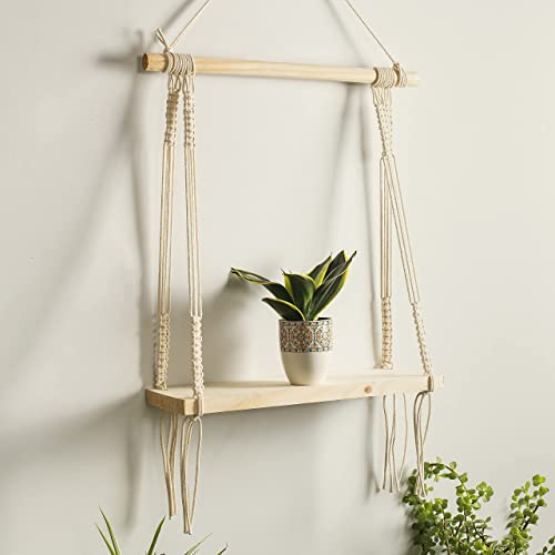Macramé Wall Hanging Shelf Pine Wood Floating Shelve with Wooden Dowel Modern Chic Woven Décor for Dorm Living Room Nursery Beige Colour 55 x 43cm