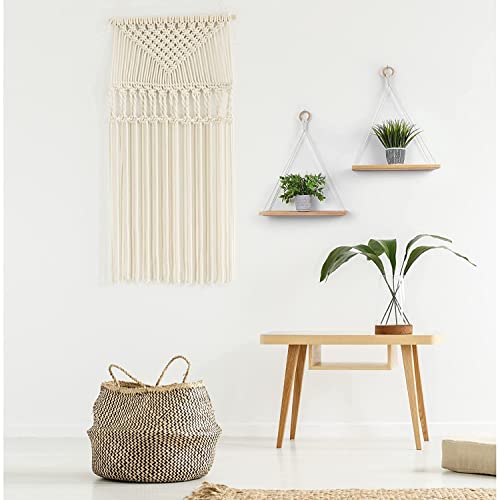 HandiCraft Home Decor Itams, Macrame Hanging Shelves, Wooden Wall Shelves with Handmade Woven Hanger, Pack of 2