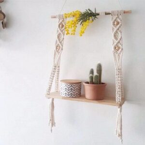 Macrame Wall Hanging Shelf Cotton Rope Natural Pine Wood Swing Triangle Floating Shelf Modern Boho Decor for Living Room Dorm Bathroom Office Balcony