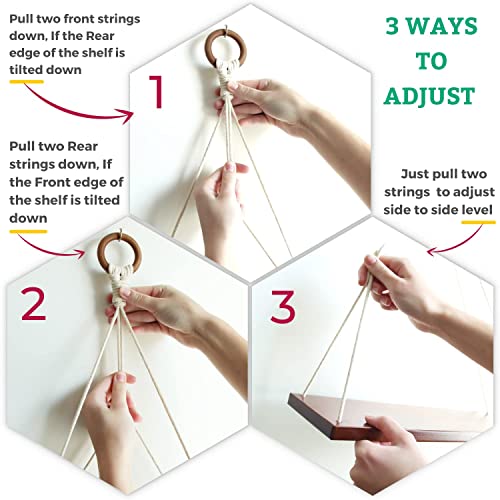 HandiCraft Home Decor Itams, Macrame Hanging Shelves, Wooden Wall Shelves with Handmade Woven Hanger, Pack of 2