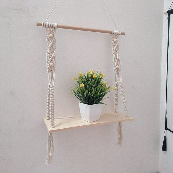 Macrame Wall Hanging Shelf Cotton Rope Natural Pine Wood Swing Triangle Floating Shelf Modern Boho Decor for Living Room Dorm Bathroom Office Balcony